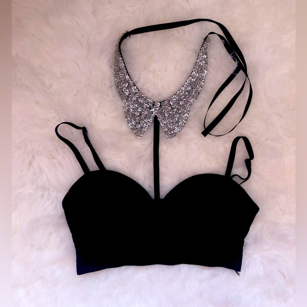 Bebe cropped top, black with iridescent collar